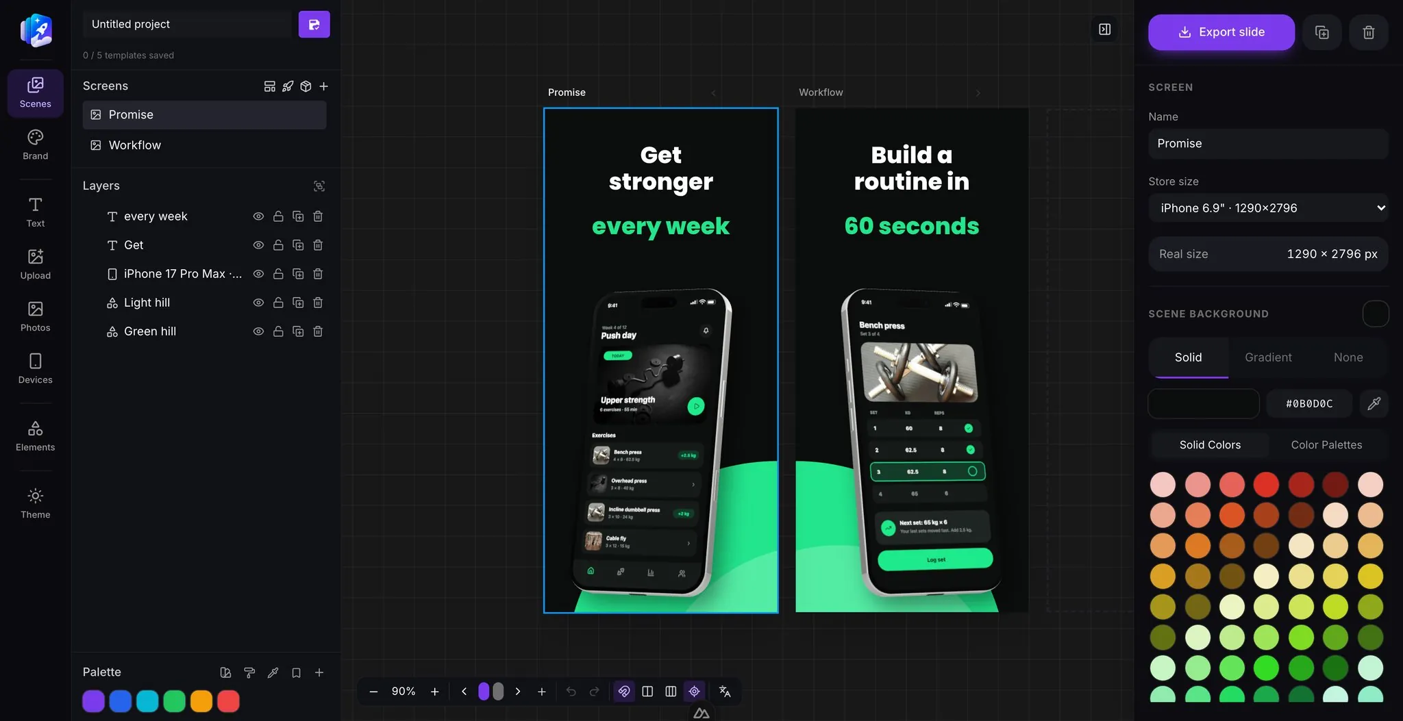 Two screens side by side in the editor, a green hill running unbroken across the seam between them with a tilted phone in each.