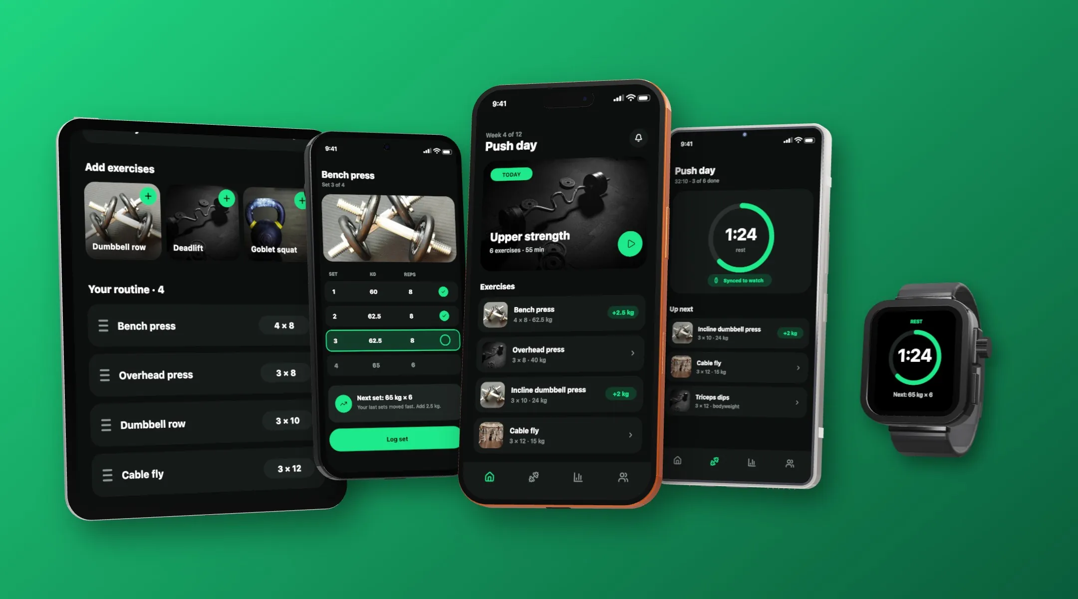 Five real 3D devices at different angles on a green background, each showing the same workout app: an iPad Pro, a Pixel 10 Pro, an iPhone 17 Pro Max, a Galaxy S26 Ultra and an Apple Watch Ultra.