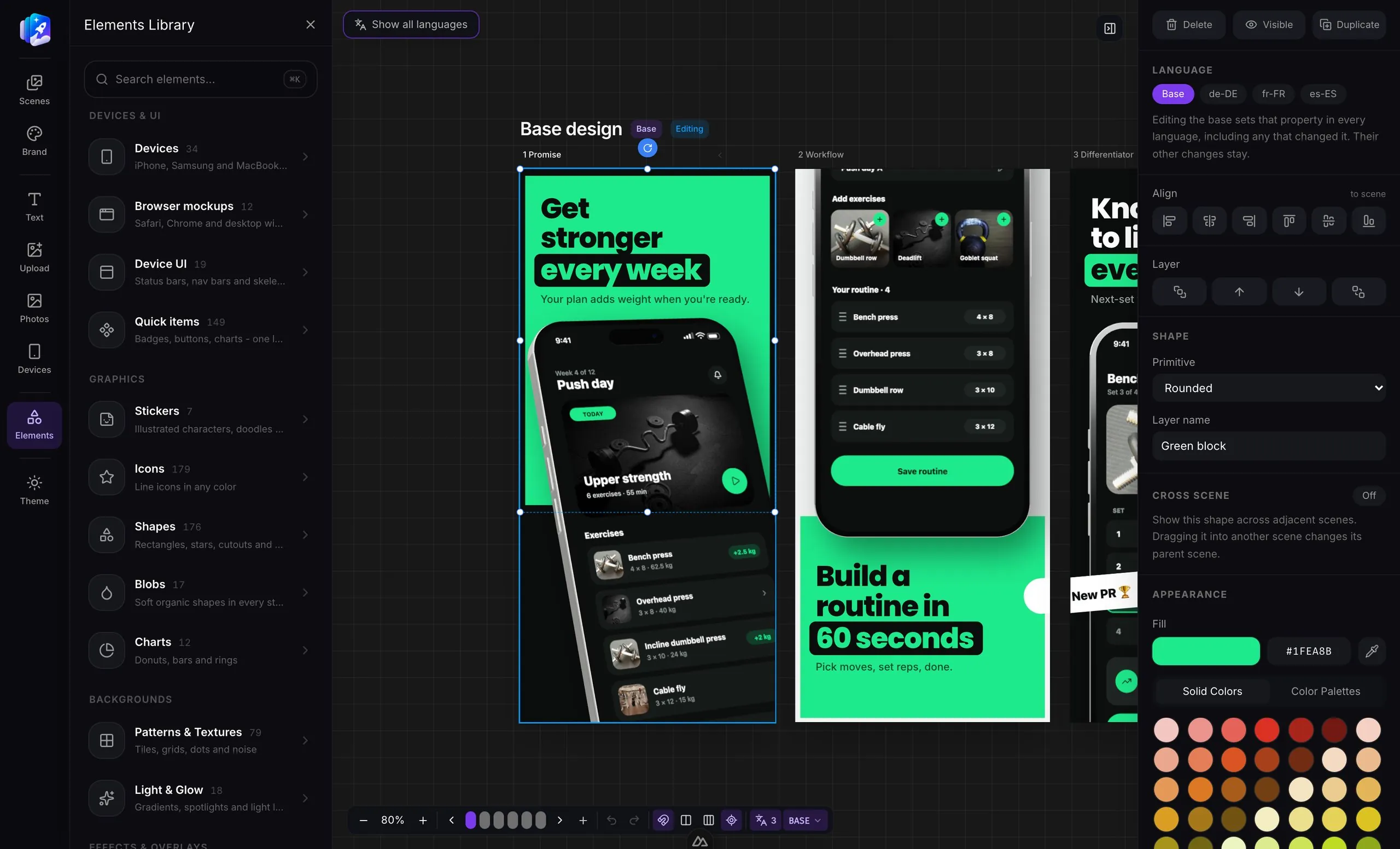 The AppReleaseKit Elements Library open beside a design: categories with their counts, including 149 quick items, 179 icons, 176 shapes, 34 devices and 12 browser mockups, with a shape selected on the canvas and its properties on the right.
