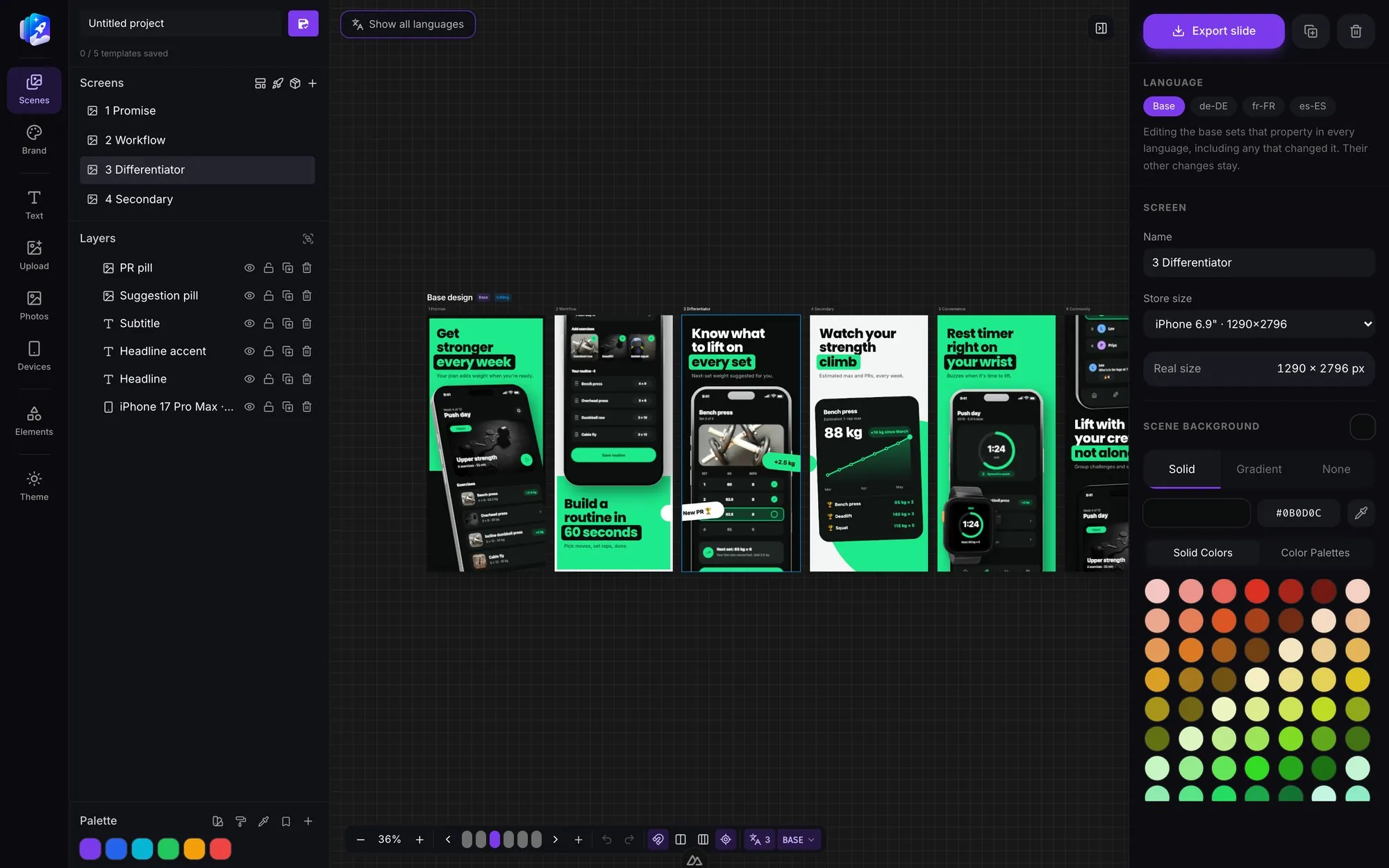 The AppReleaseKit studio: six App Store screens for a strength-training app laid out on one canvas, with the screens and layers on the left and the scene settings on the right.