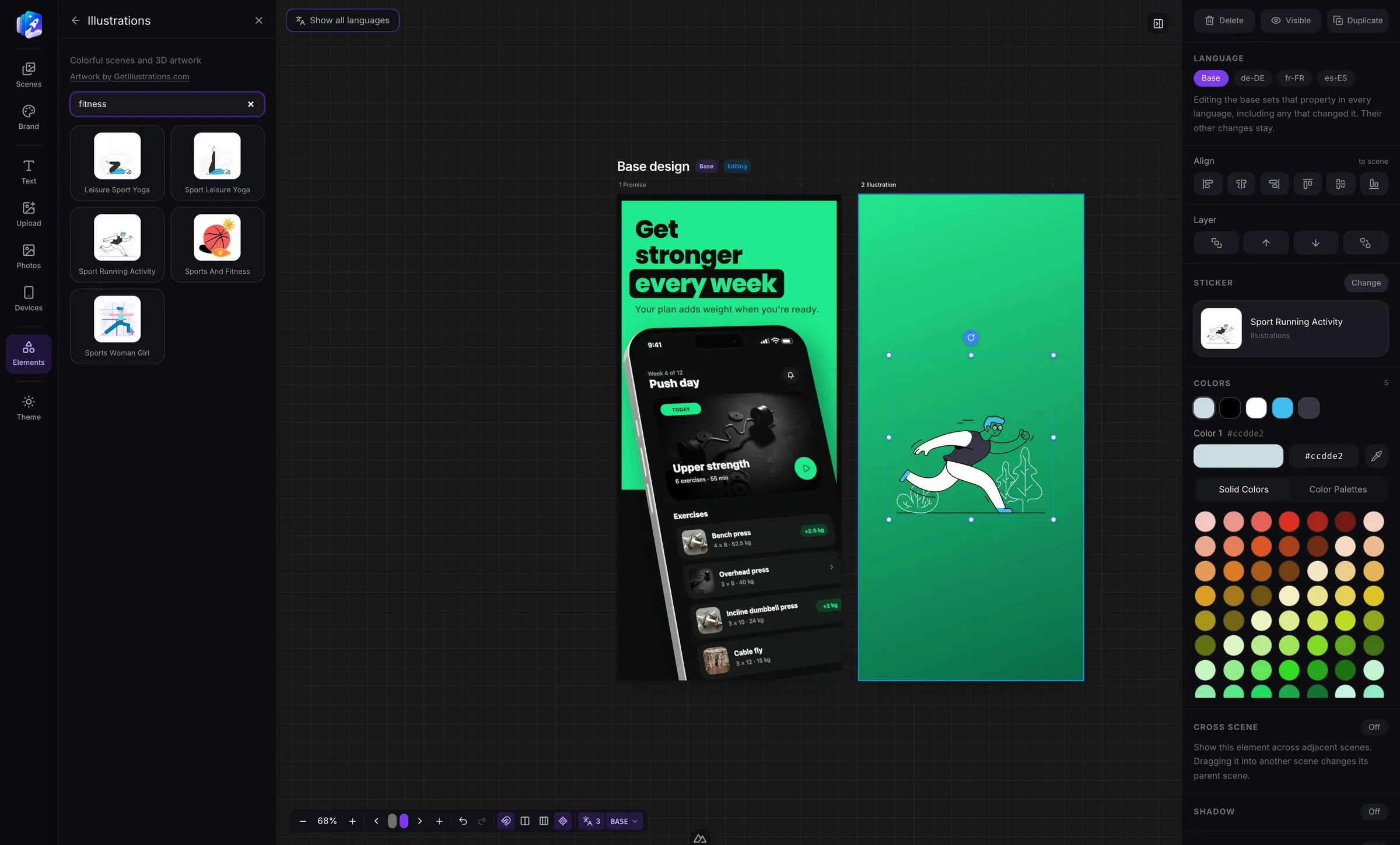 The AppReleaseKit editor: the Illustrations library open on the left, a running illustration placed on a green screen beside the first app screen, and its colors and size on the right.