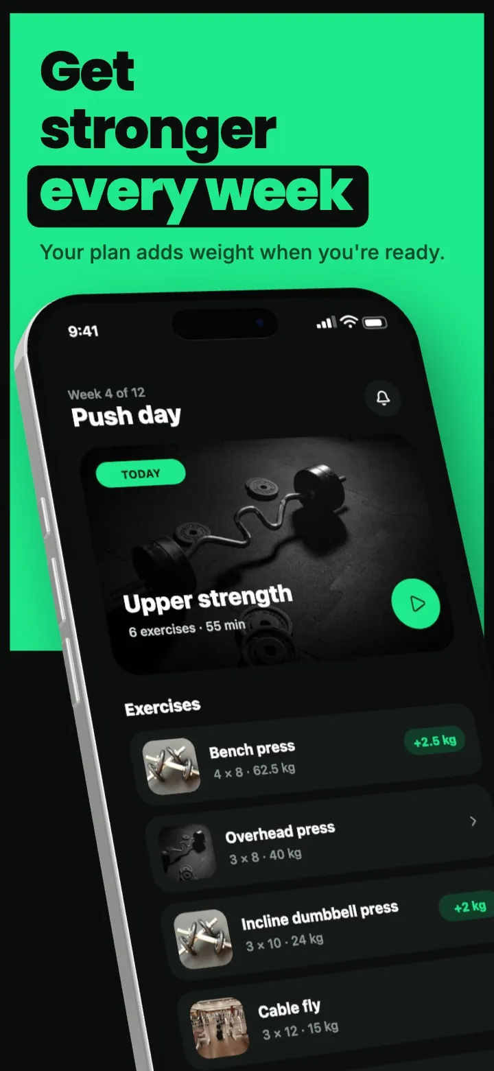 forj's first screen: the headline "Get stronger every week" above an angled phone showing today's push-day workout.