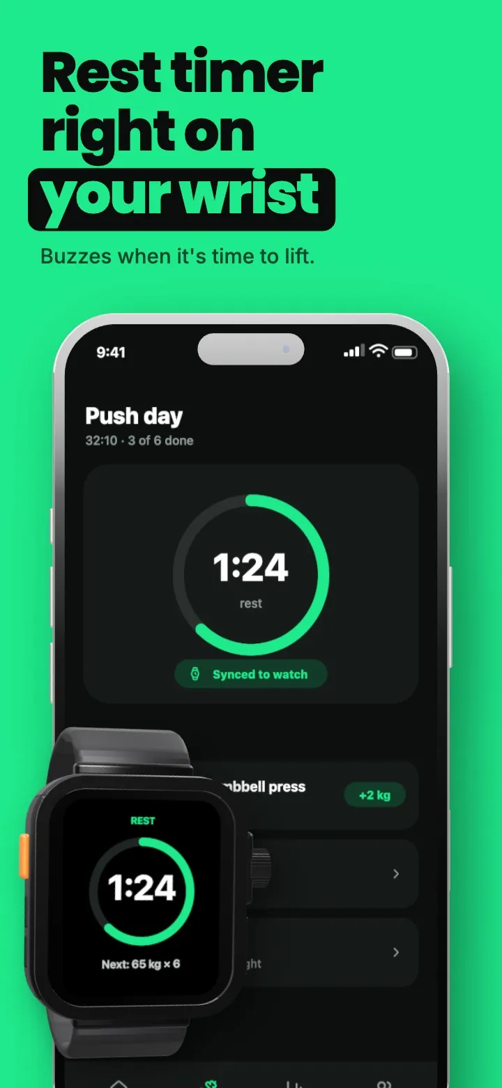 A "Rest timer right on your wrist" screen showing a phone rest timer with an Apple Watch showing the same countdown.