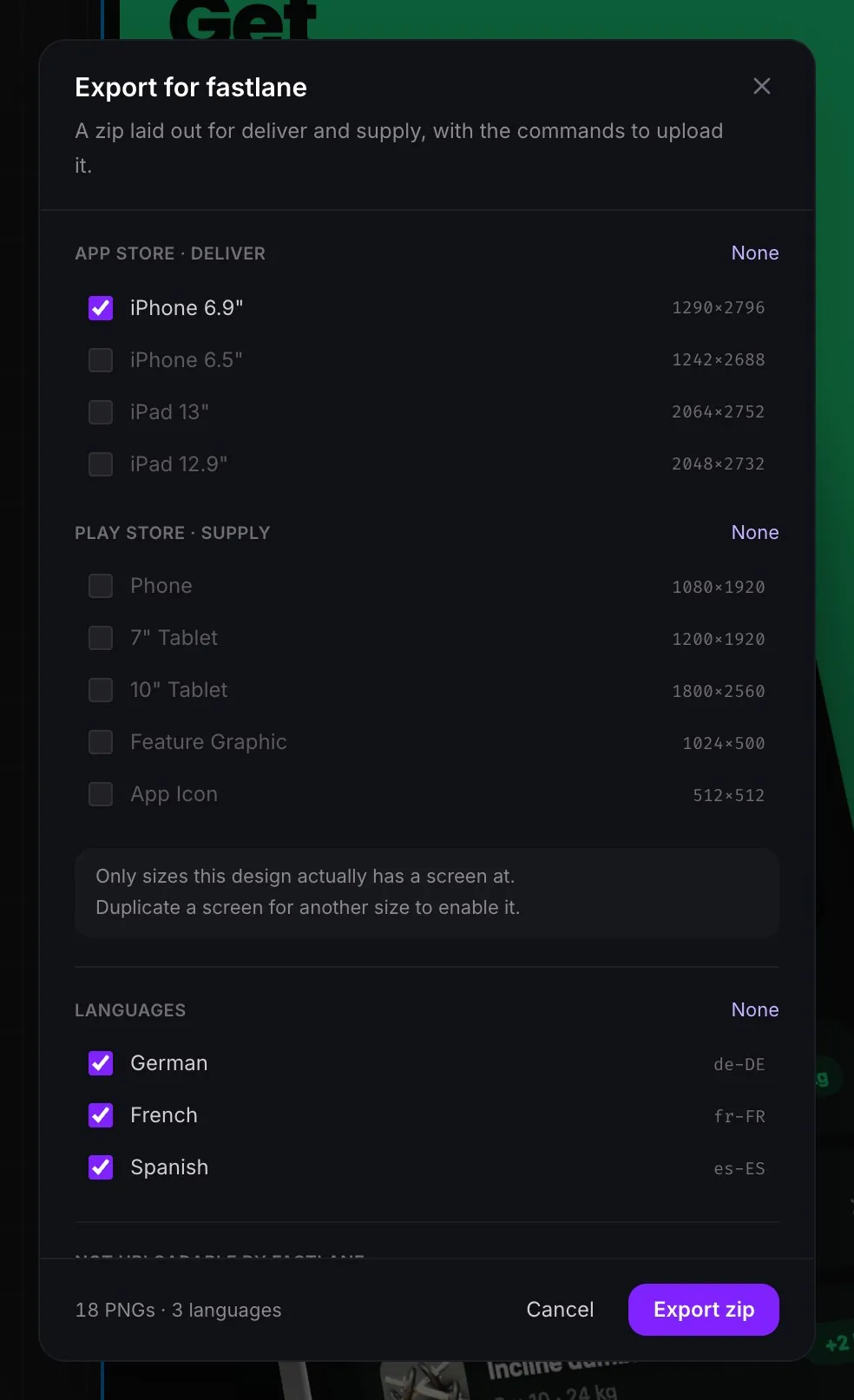 The AppReleaseKit export for fastlane dialog, with App Store deliver and Play Store supply sizes and the languages to include.