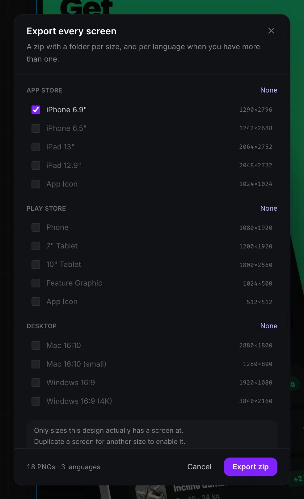 The AppReleaseKit export dialog: Export every screen as a zip, with App Store, Play Store and Desktop sizes to choose from and a count of 18 PNGs across 3 languages.
