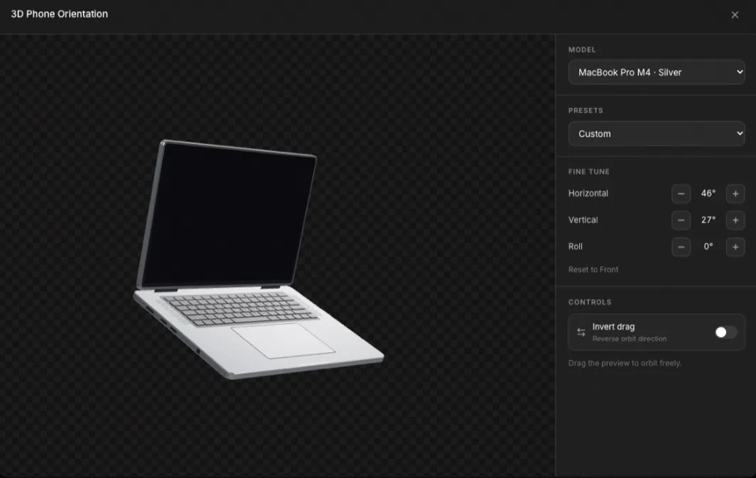 The 3D orientation dialog in AppReleaseKit with a MacBook Pro M4 turned 46° horizontally and 27° vertically.
