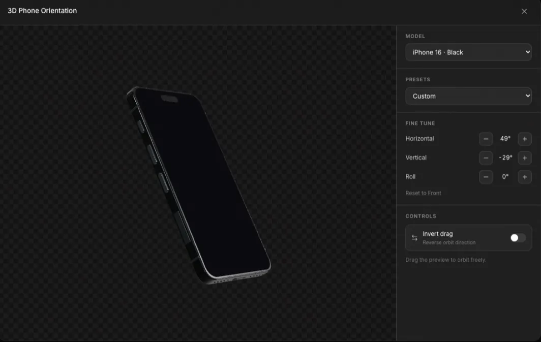 The 3D orientation dialog in AppReleaseKit with an iPhone 16 turned 49° horizontally and −29° vertically.