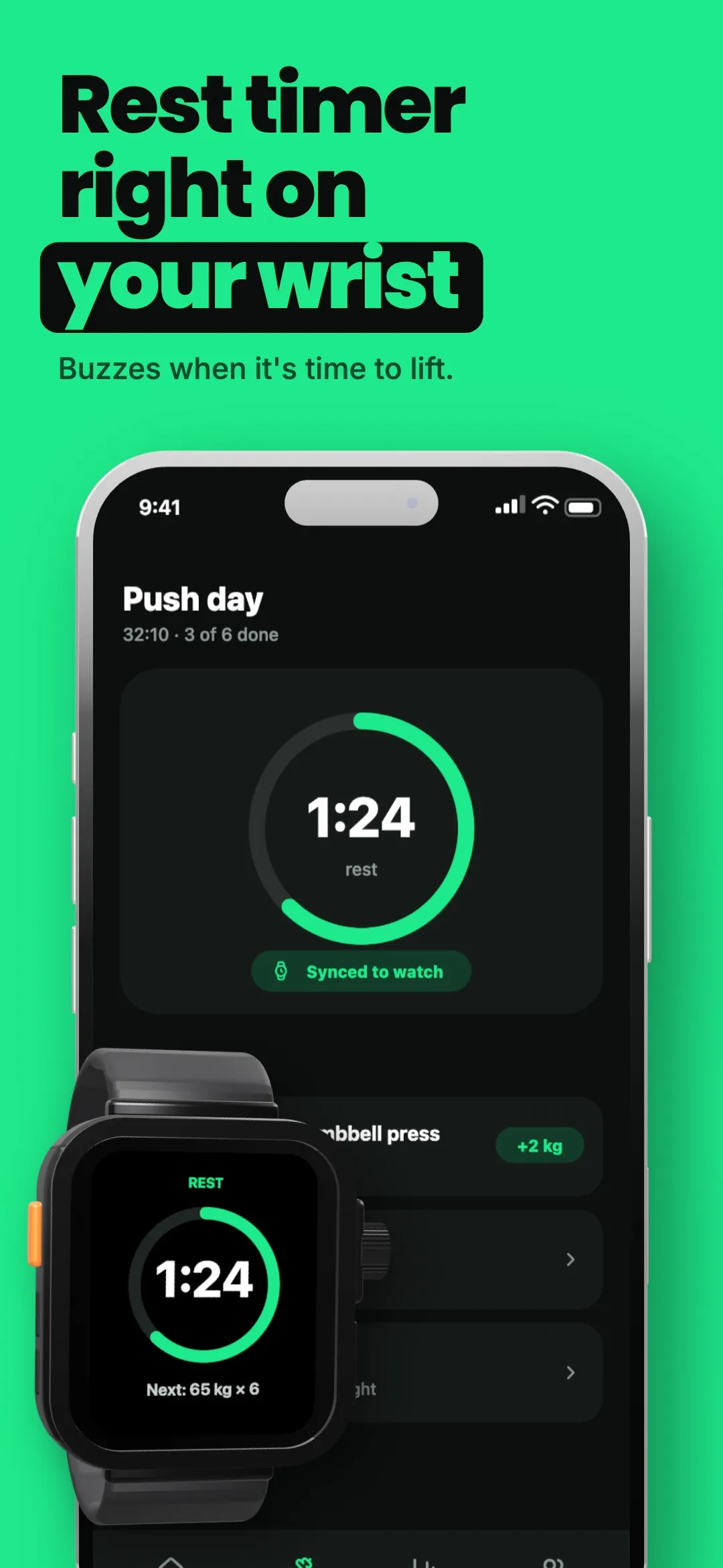 An App Store screenshot of a workout app: a phone showing a rest timer with an Apple Watch overlapping it, showing the same timer.