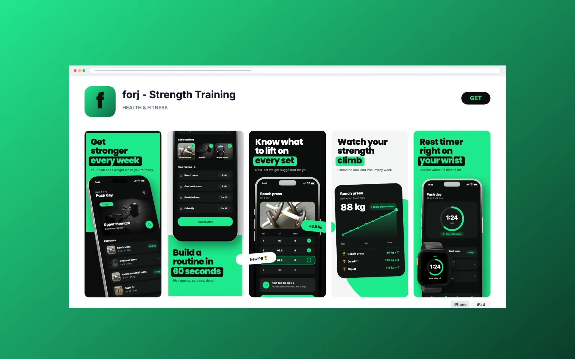 A browser-window mockup made in AppReleaseKit, framing an App Store listing page for a strength-training app, with its five screenshots in a row.